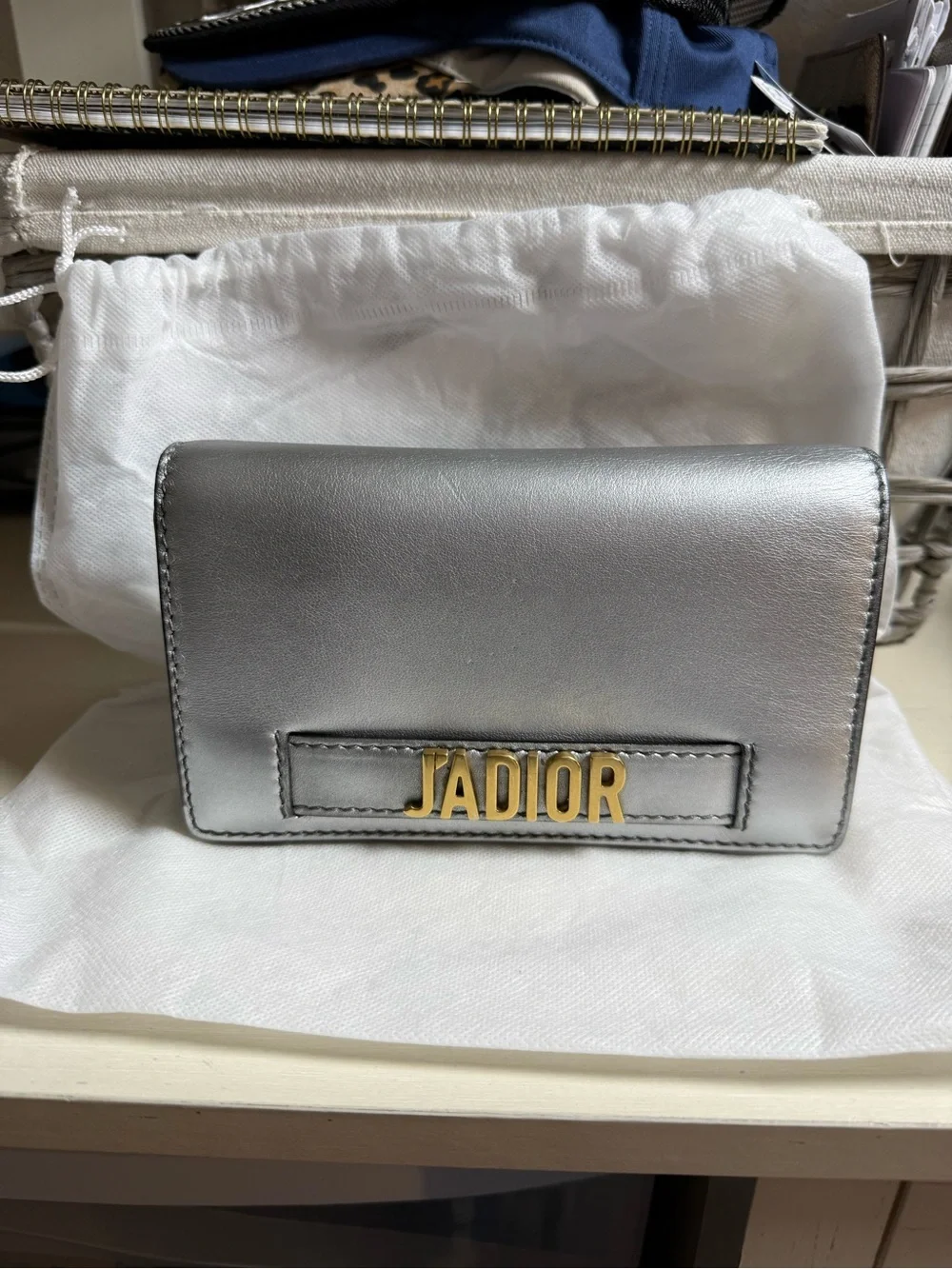 Dior J'Adior wallet metallic leather and signature gold-tone hardware.